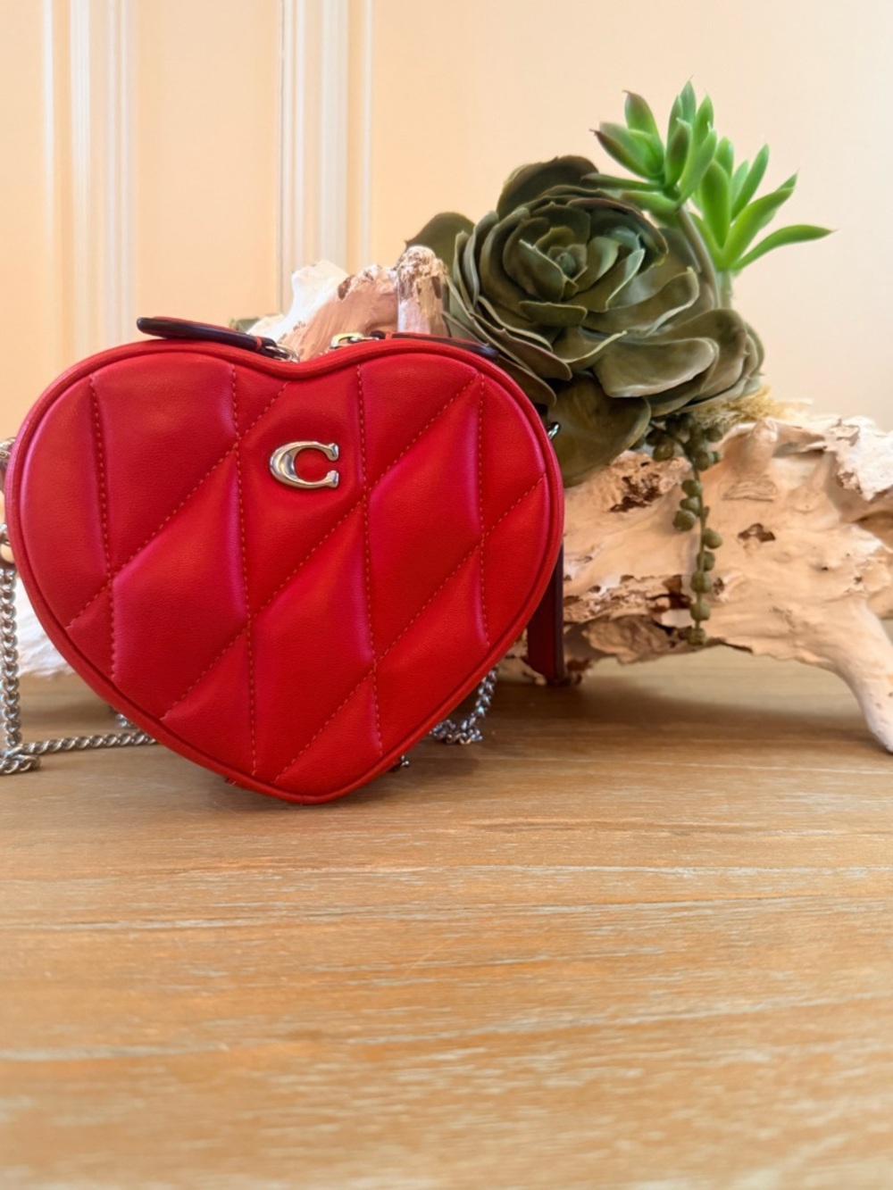 Coach Red Quilted Heart-Shaped Crossbody with Silver Chain - Picture 2 of 11